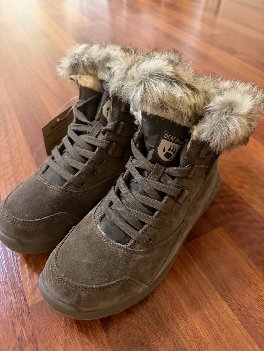 BearPaw Women's Dark Brown Faux Fur Trim Suede Lace-Up Boots